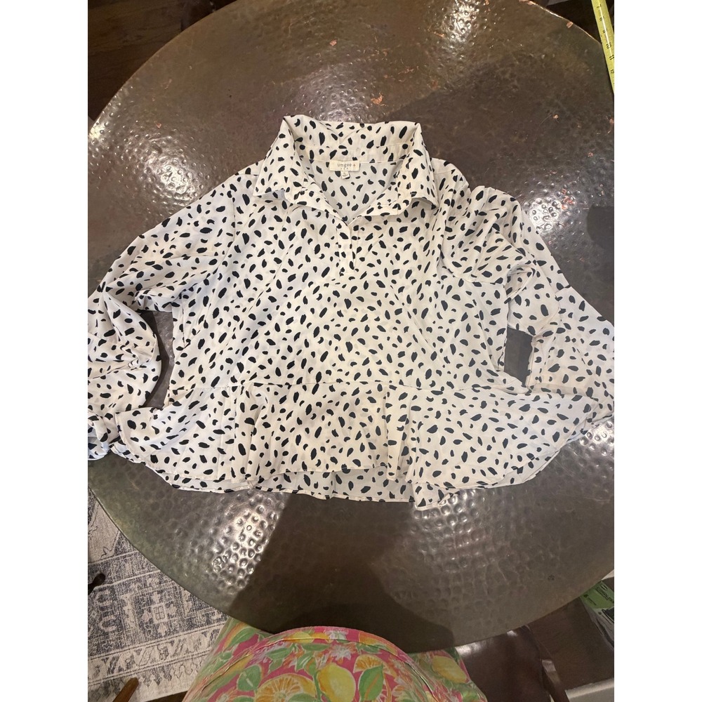 Umgee Peplum Blouse XL Cream Black Bell Sleeve Tiered Top - Picture 2 of 10
